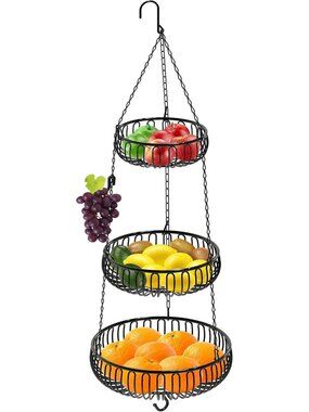 New Black Oblate Metal Hanging Fruit Basket 3-Tier 11 x 11 x 30 inch